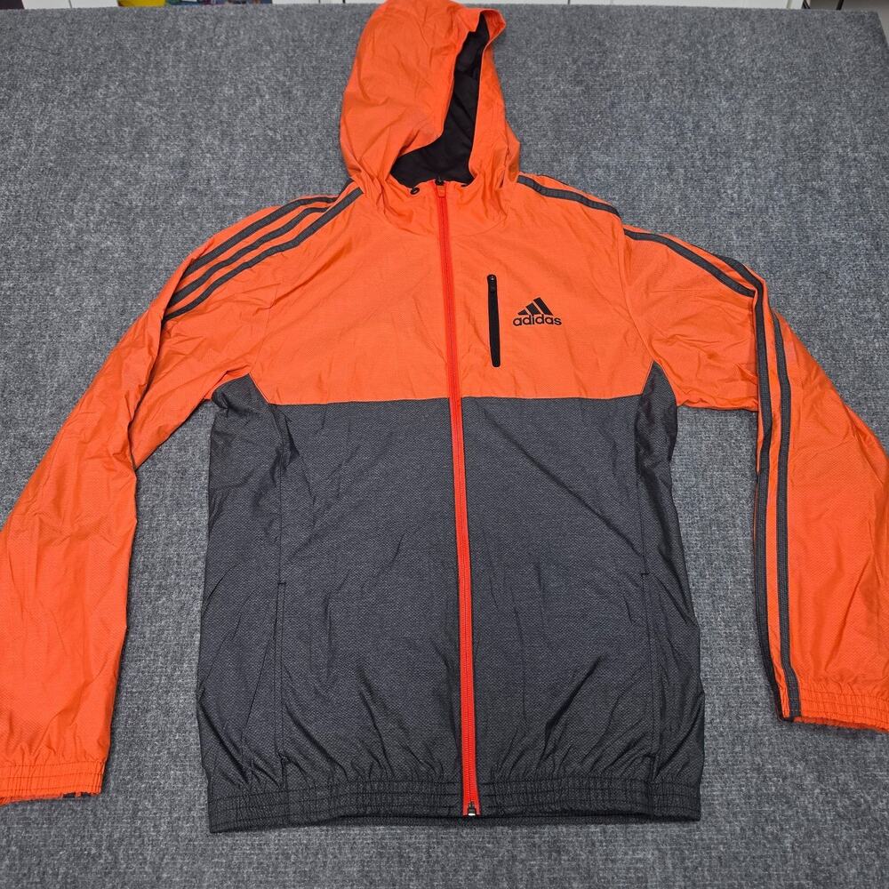 Adidas Small Orange Gray Hooded Windbreaker Jacket Full Zip 3 Stripe